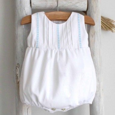 Blue Cotton Romper with lace details on chest