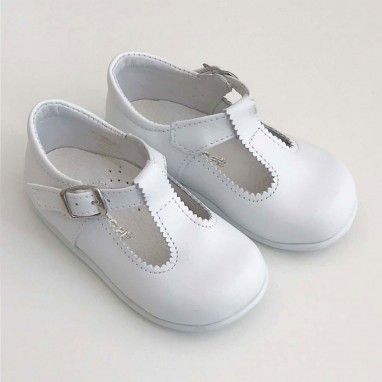 White Leather T-Bar Shoes with rubber sole