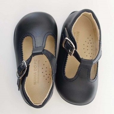 Navy Leather T-Bar Shoes with rubber sole