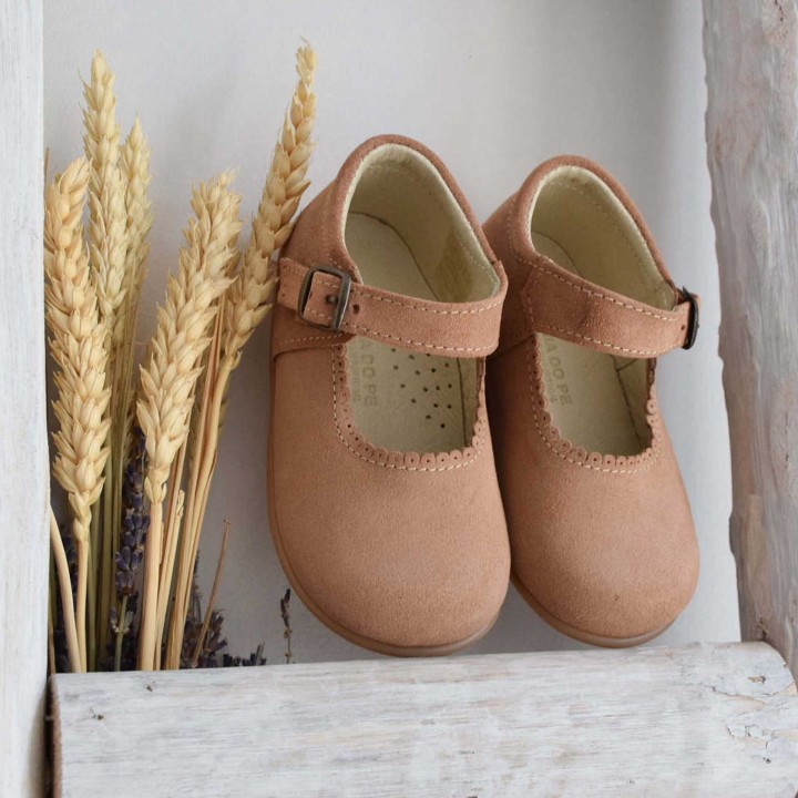 Camel Suede Girls Shoes with flexible rubber sole.