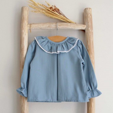 Blue Frilly collar shirt with lace trim