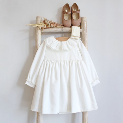 Frilly Collar Ivory Dress With Lace 