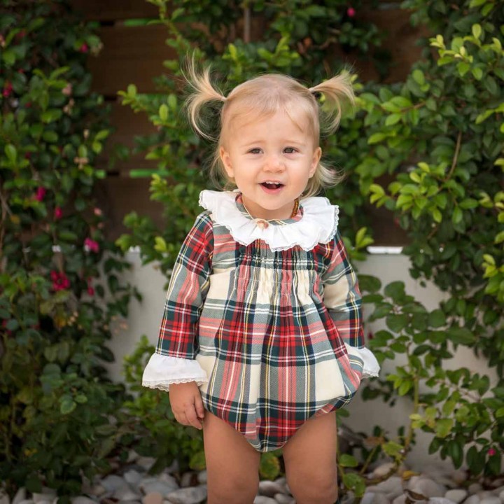 Tartan smocked Romper with Frilly Collar