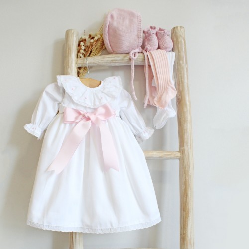 White Newborn dress with roses and bow