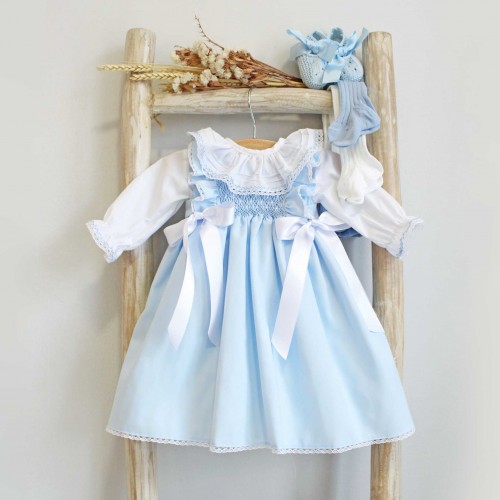 Blue Embroidered Newborn Dress with Bows