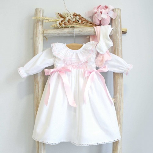 Hand Embroidered White Newborn Dress with Bows