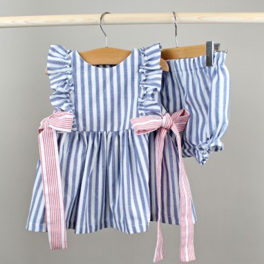 Striped Short Dress with Bows and Bloomers