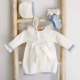 Ivory Wool romper with Bow and blue trim