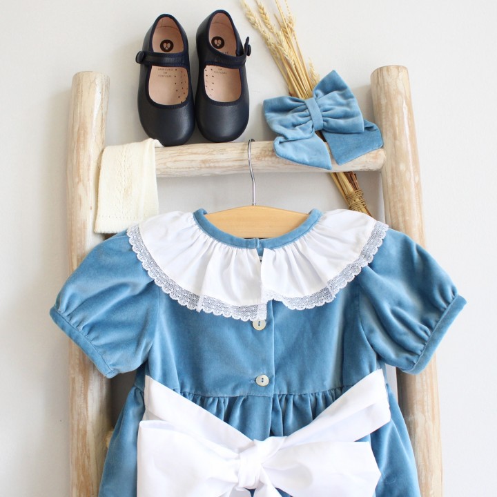 Velvet Romper with Frilly Collar and Bow