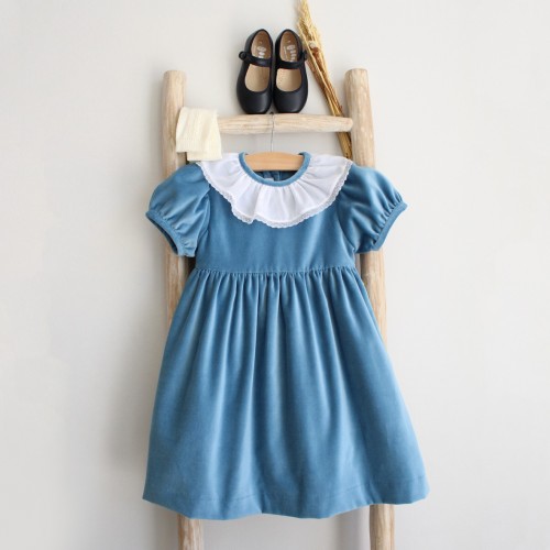 Velvet Dress with Frilly Collar and Bow