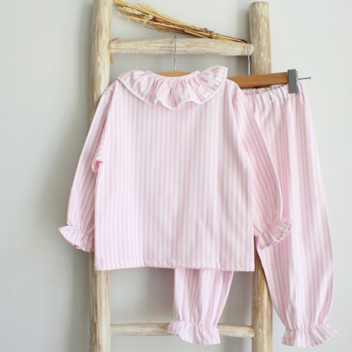 Pijama menina gola de folho riscas rosa