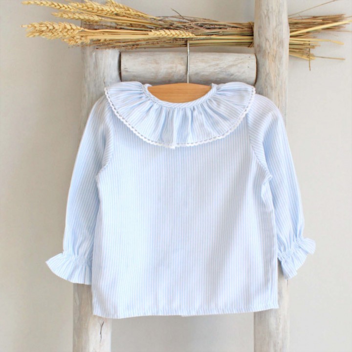 Stripe Frilly collar shirt with lace trim