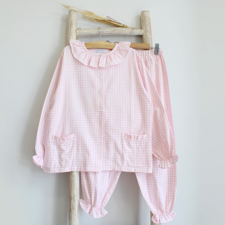 Pijama Quadrados Rosa com Gola de Folho