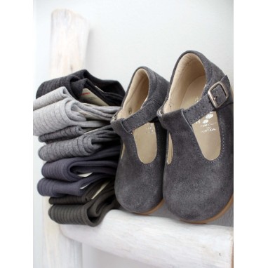 Grey suede T-Bar Shoes with rubber sole