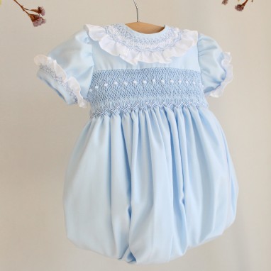 Hand smocked blue romper with frilly collar