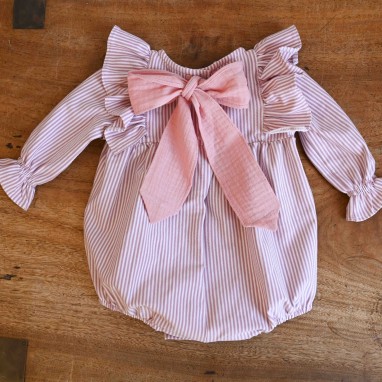Pink Striped  Romper with bow at the back