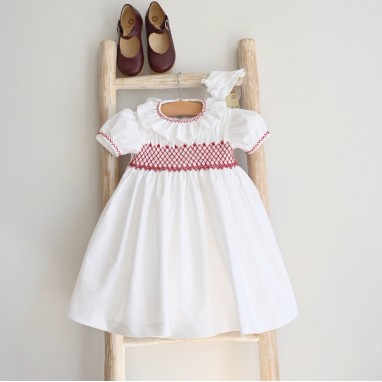 Hand Smocked Girls white Dress with Burgundy Embroidery