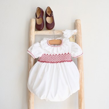 Hand Smocked Girls white Romper with Burgundy Embroidery