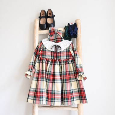 Plaid Long sleeved  Dress with velvet  Bow