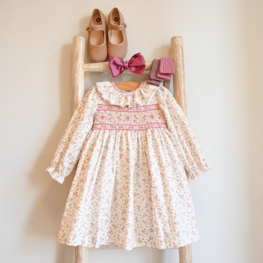 Hand smocked Floral Dress with frilly collar
