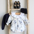 Blue Floral Romper with frilly collar and lace trim