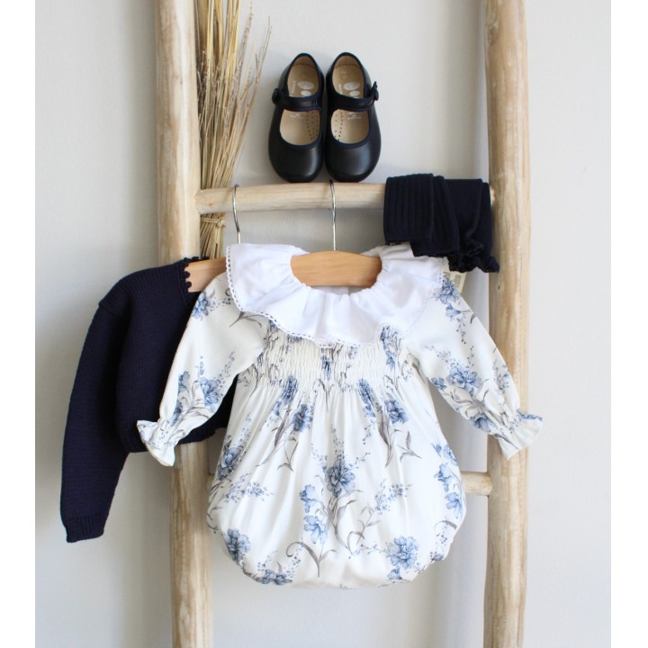 Blue Floral Romper with frilly collar and lace trim