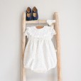 Blue dots linen Romper with smocked collar