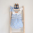 Floral Romper with frilly white collar and sash in Liberty Fabric