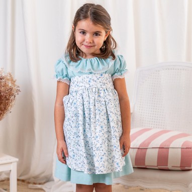 Aqua Dress with frilly collar and Floral Apron