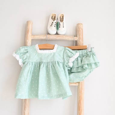 Green Short dress with bloomers and white dots