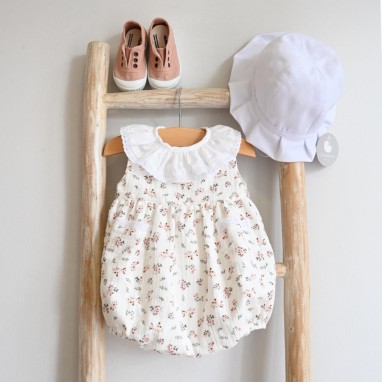 Floral romper with frilly collar with English broderie trim