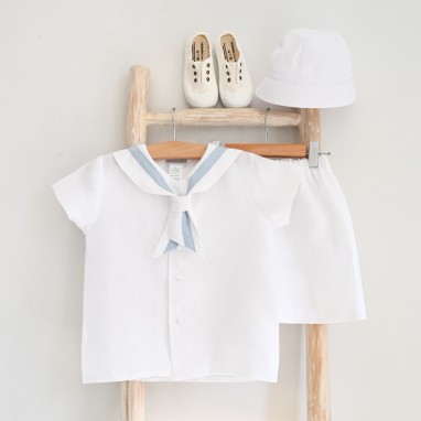 White Sailor style set with baby blue trim