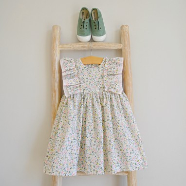 Floral dress with double ruffles on chest
