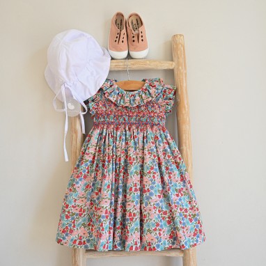Hand Smocked Dress in Liberty fabric with frilly collar