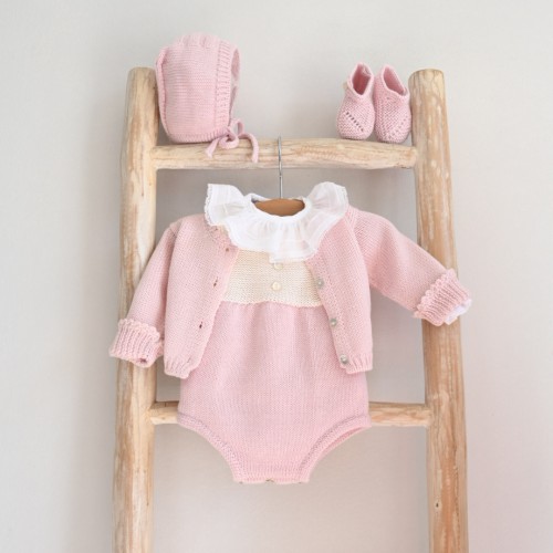 Knitted Ivory and Pink Romper