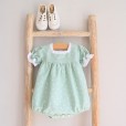 Green Linen Romper with white dots