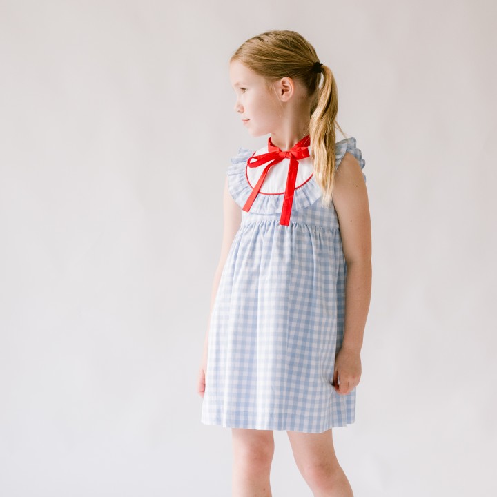 Blue Vichy  Dress with red trim and bow