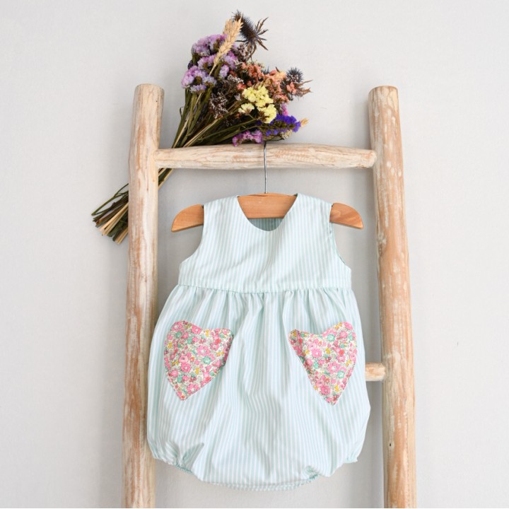 Green Stripes Romper with heart pocket
