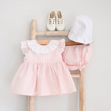Pink and white stripes short dress with bloomers