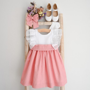 Linen Dress with  pink skirt