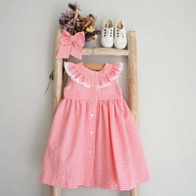 Coral vichy dress with double ruffle
