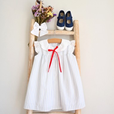Blue and White stripes Dress with red bow