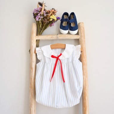 Blue and White stripes romper with little red bow