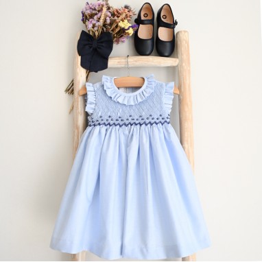 Blue Hand Smocked Dress in Navy