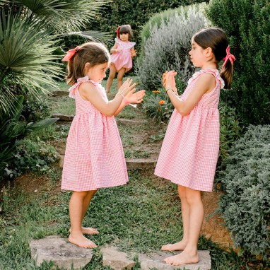 Coral vichy dress with double ruffle