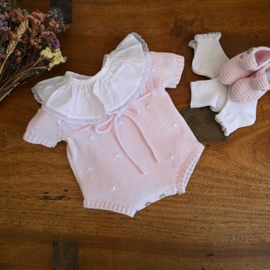  Pink knitted  cotton romper with embroidered dots