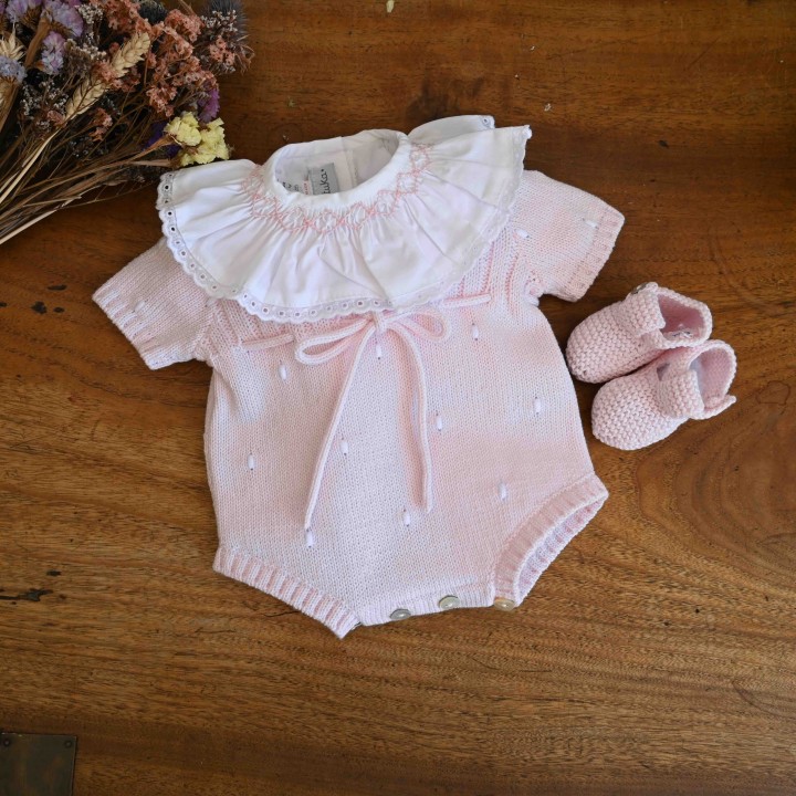  Pink knitted  cotton romper with embroidered dots