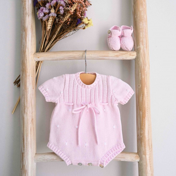  Pink knitted  cotton romper with embroidered dots