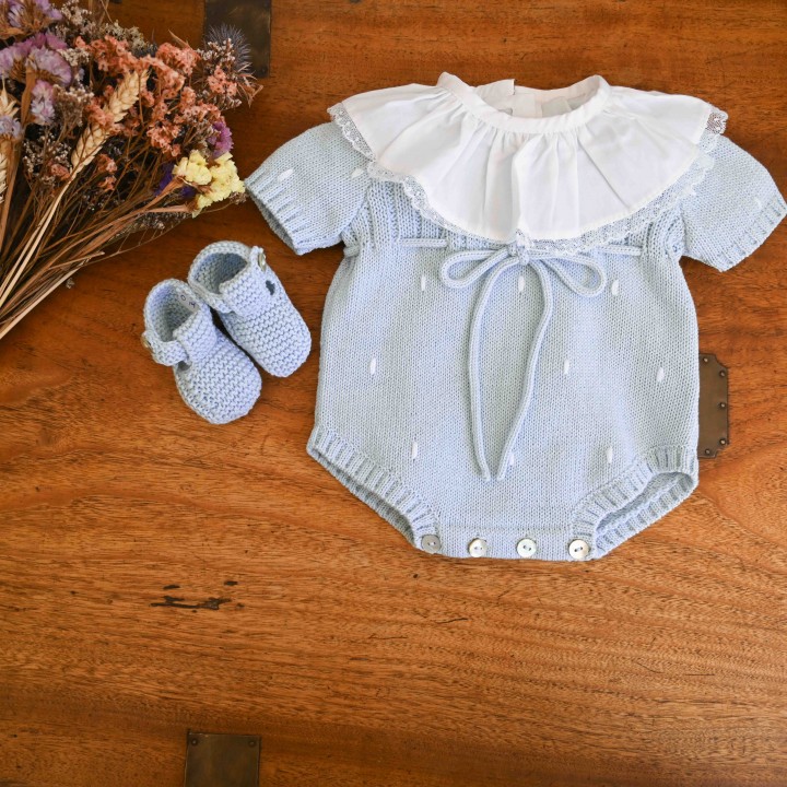 Blue knitted  cotton romper with embroidered dots