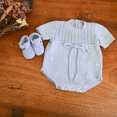 Blue knitted  cotton romper with embroidered dots